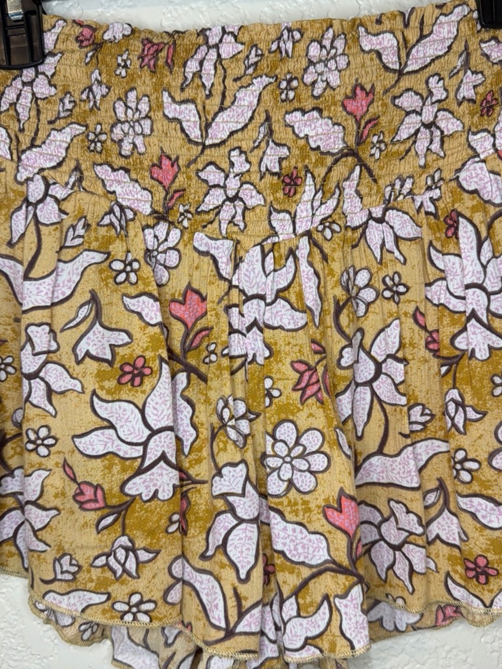 aerie Mustard Floral Smocked Shorts with Pink Accents